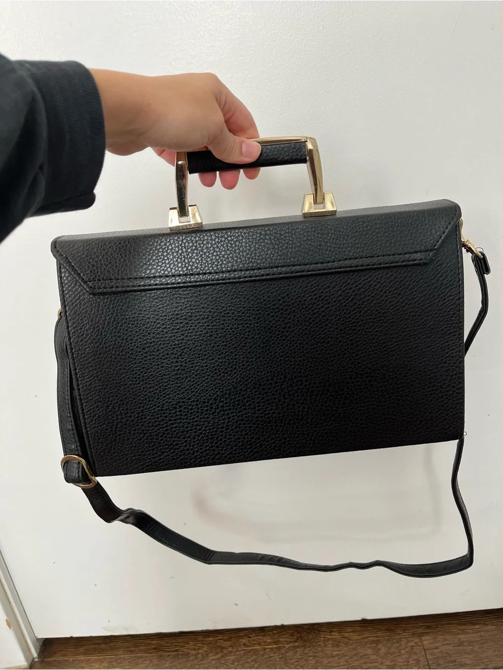 Vintage Black Pebbled Leather Satchel with Gold Hardware briefcase office